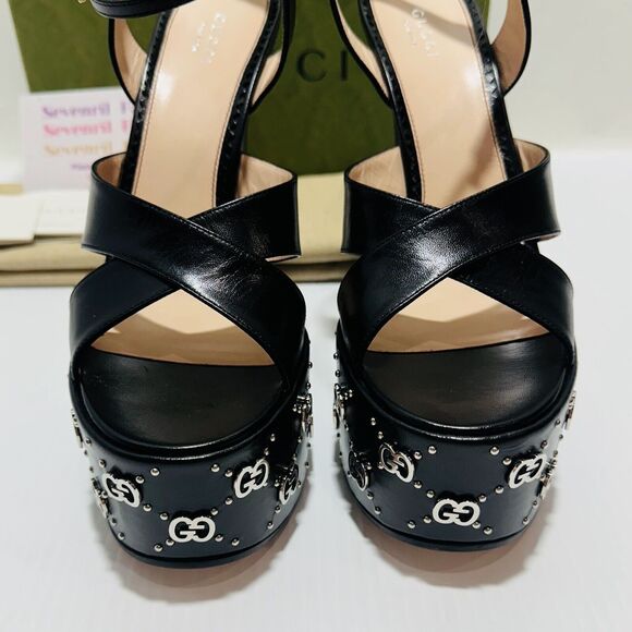 Gucci Janaya Black Interlocking G Studs 36/ US 6 Heels Platform Sandals NIB - Picture 6 of 15